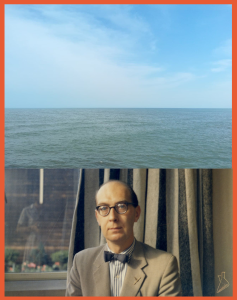 ترکیبی عمودی از دو عکس. بالا: دریای خزر، عکاس: آریا فرمانی؛ پایین: فیلیپ لارکین (مجموعه‌ی شخصی فیلیپ لارکین)