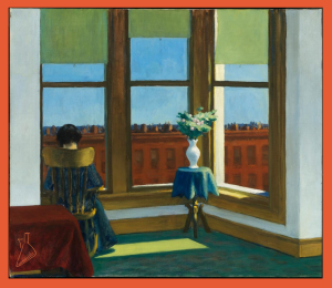 نقاشی رنگ روغن با عنوان «اتاقی در بروکلین» اثر ادوارد هاپر، 1932، زنی که بر صندلی چوبی نشسته است و از پنجره‌ی بزرگ اتاقش به بیرون نگاه می‌کند. به‌نظر بعدازظهر است و طبقات بالایی ساختمانی در روبرو دیده می‌شود. در سمت راست تصویر گلدانی بر روی میزی با رومیزی آبی قرار گرفته.
