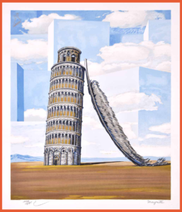 نقاشی رنگ‌ روغن «خاطره‌ی یک سفر» اثر رنه مگریت | در تصویر برج معروف پیزا را می‌بینیم که به پری تکیه دارد و همه‌ی این‌ها در میانه‌ی فضایی بیابانی است با آسمانی آبی و ابرهایی سفید که در زمینه‌ای بلوکه‌ای شناورند.