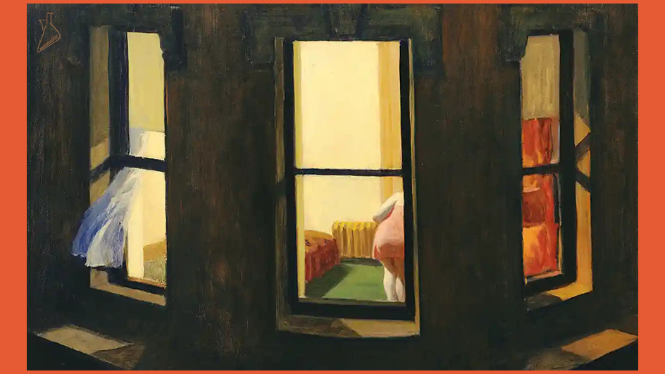 تابلوی «پنجره‌های شب» اثر ادوارد هاپر | پنچره‌ای در کنج خانه‌ای در شب که سه قاب شیشه دارد و از قاب چپ پرده‌ای توری به‌رنگ آبی کم‌رنگ دیده می‌شود. در پنجره‌ی میانی زنی از پشت که لباس خواب به تن دارد و خم شده است و بخشی از فضای اتاق و لوازم از جمله رادیاتوری از قاب‌های پنجره دیده می‌شوند. رنگ نارنجی در این فضا تا حدودی غالب است.