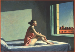 نقاشی رنگ روغن «خورشید صبحگاهی» اثر ادوارد هاپر، نقاش معاصر آمریکایی | زن جوانی در لباس خواب، روی تخت نشسته و زانوان خود را در آغوش گرفته و از پنجره به بیرون نگاه می‌کند.
